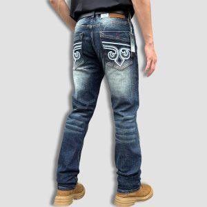 Lord Revival Western Straight-Leg Jeans for Men – Distressed Dark Wash Denim with Embroidered Pockets