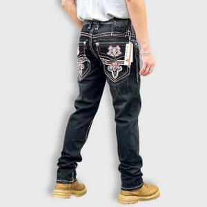 Rock Revival Black Wash Straight Leg Jeans for Men full back view with embroidered pockets