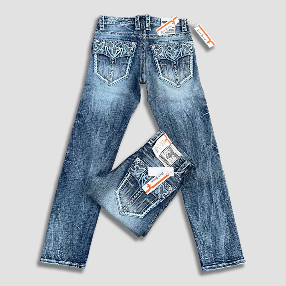 Rock Revival Medium Wash Straight Leg Jeans for Men – back view embroidery